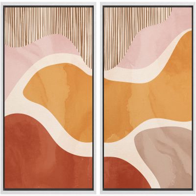 wall26 Framed Canvas Print Wall Art Set Mid-Century Pastel Orange, Pink Brown Color Waves Abstract Shapes Illustrations Modern Chic Relax/Calm for Living Room, Bedroom, Office - 16"x24"x2 White