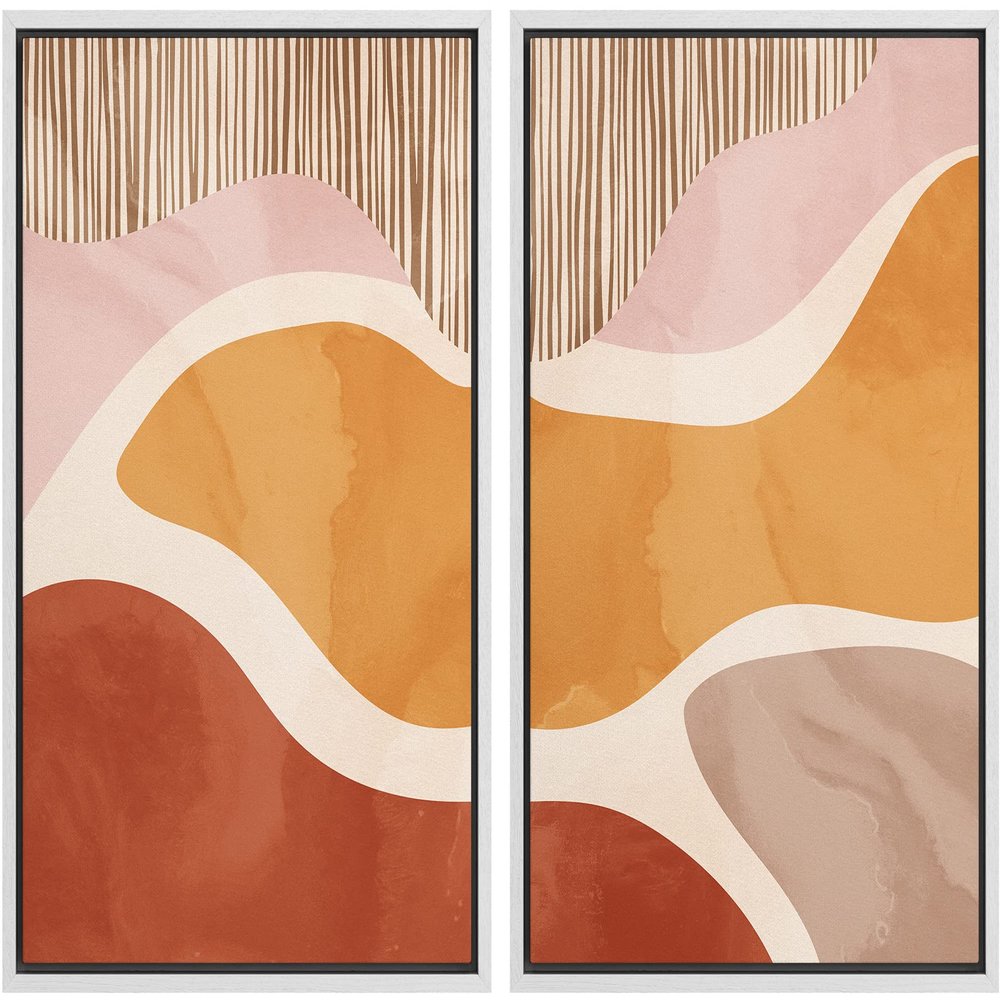 wall26 Framed Canvas Print Wall Art Set Mid-Century Pastel Orange, Pink Brown Color Waves Abstract Shapes Illustrations Modern Chic Relax/Calm for Living Room, Bedroom, Office - 16"x24"x2 White