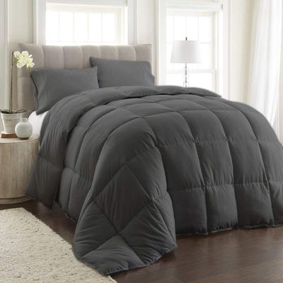 3 PC Box Stitched Corner Tabs Comforter Set, Oversized King -Grey 100% Natural Cotton Solid All Season Ultra Soft Down Alternative Lightweight Bedding Duvet Insert Quilted 500 GSM Fill Power