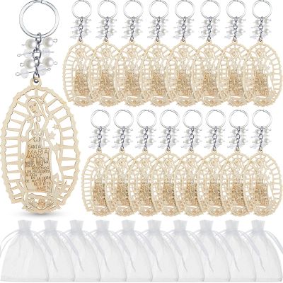 Hicarer Baptism Our Lady of Guadalupe Wood Design Keychain with Organza Gift Bags for Baptism Christening Communion(50 Pieces)