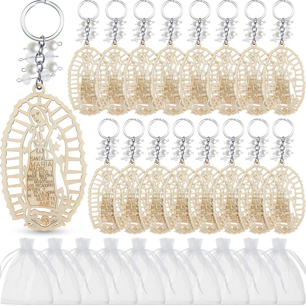 Hicarer Baptism Our Lady of Guadalupe Wood Design Keychain with Organza Gift Bags for Baptism Christening Communion(50 Pieces)