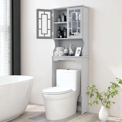 BestComfort Wooden Over The Toilet Storage Cabinet, Home Bathroom Space Saver, Double Doors, Adjustable Shelf Organizer, Open Storage Shelf, Freestanding Toilet Storage Rack Unit (Gray), Grey