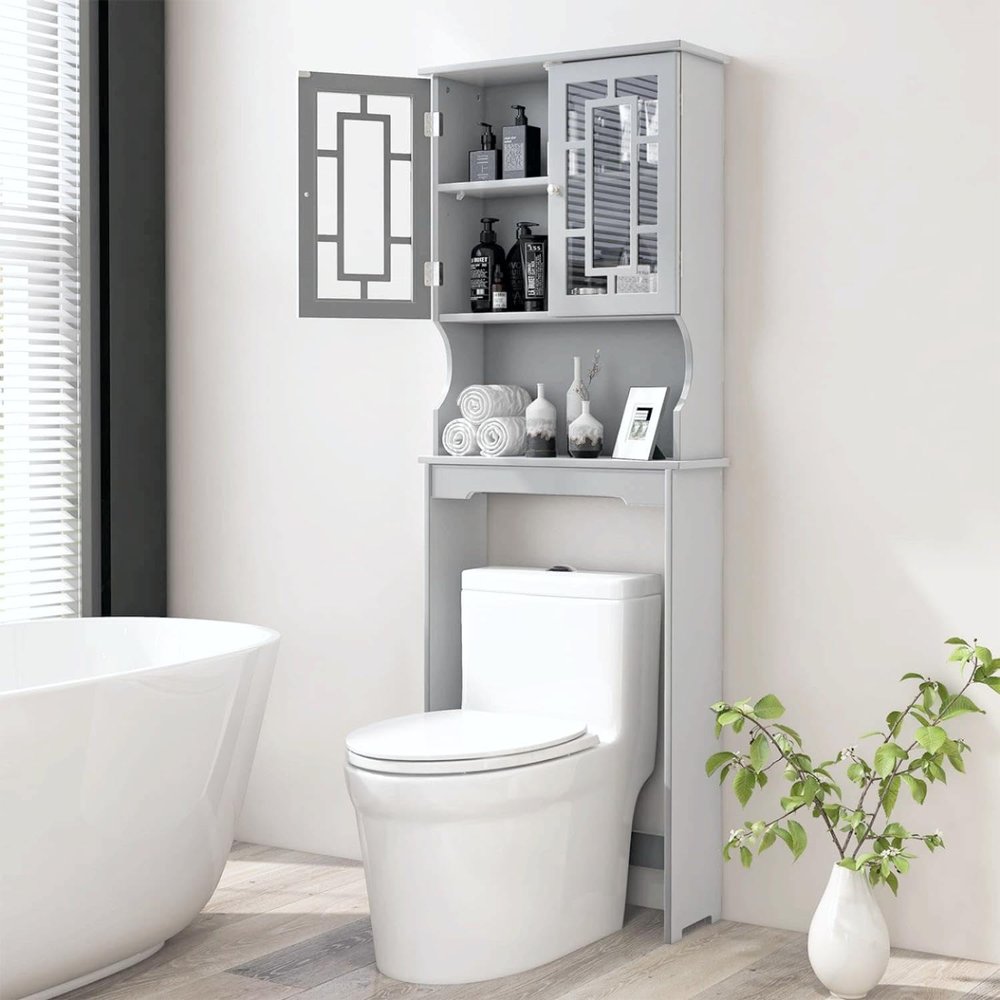BestComfort Wooden Over The Toilet Storage Cabinet, Home Bathroom Space Saver, Double Doors, Adjustable Shelf Organizer, Open Storage Shelf, Freestanding Toilet Storage Rack Unit (Gray), Grey