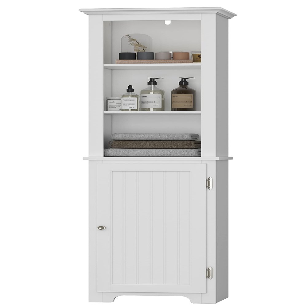 UTEX 64" Freestanding Storage Cabinet, Bathroom Tall Silm Cabinet with Doors and Adjustable Shelves, Free Standing Linen Tower, Home Storage Furniture, White