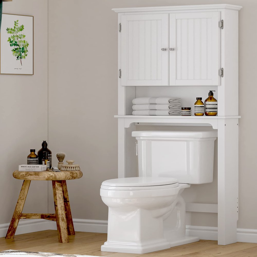 UTEX Over The Toilet Storage Cabinet, Over Toilet Bathroom Organizer with Adjustable Shelves and Double Doors, White