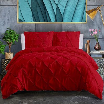 RRlinen Burgundy Pinch Pleated Comforter Set for Oversized Queen Size (98" x 98")(98" x 98") Bed-100% Soft Cotton 500 GSM Cute Classic Design 5 PCs-Comforter Duvet Insert with 4 Pillow Shams