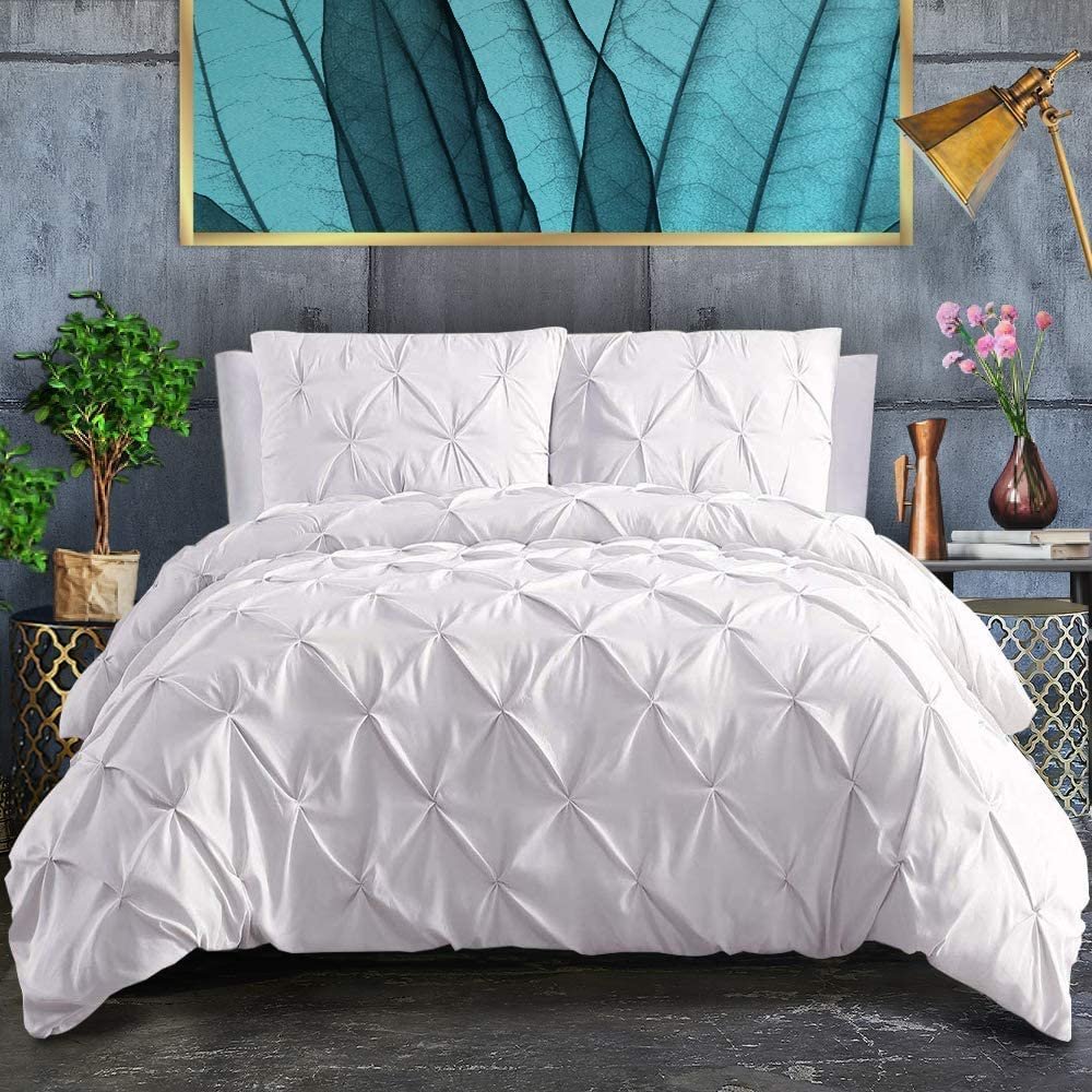 RRlinen White Pinch Pleated Comforter Set for Oversized Queen Size (98" x 98")(98" x 98") Bed-100% Soft Cotton 500 GSM Cute Classic Design 5 PCs-Comforter Duvet Insert with 4 Pillow Shams