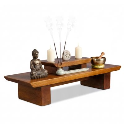 Vesoda Meditation Altar Table 21 x 7.5 x 6 Inch Handmade Tiered Puja Shrine - Small Alter Tables for Relaxation, Prayer - Buddha Meditation Alter Made of Strong and Durable Mango Wood