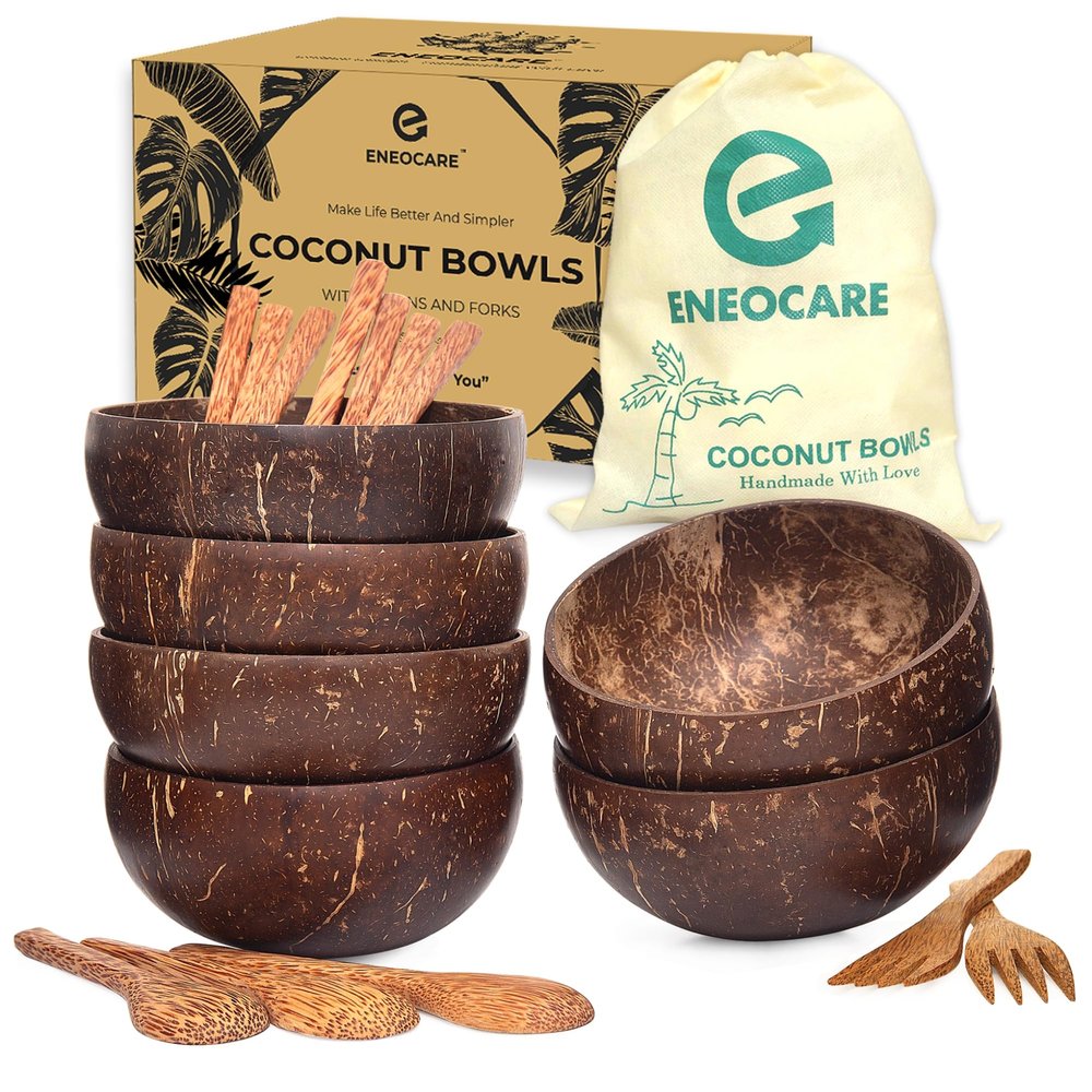 ENEOCare Organic Reusable Coconut Bowls and Wooden Spoon Sets, Perfect for Smoothie, Acai and Buddha Bowls (4)