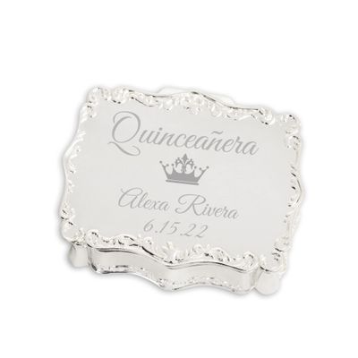 Cherished Moments Personalized Small Rectangle-Shaped Jewelry Keepsake Box with Custom Engraved Message for Quinceanera Gift, Silver Toned