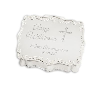Cherished Moments Personalized Small Rectangle-Shaped Jewelry Box with Custom Engraved Name and Cross for First Communion Gift, Silver Toned
