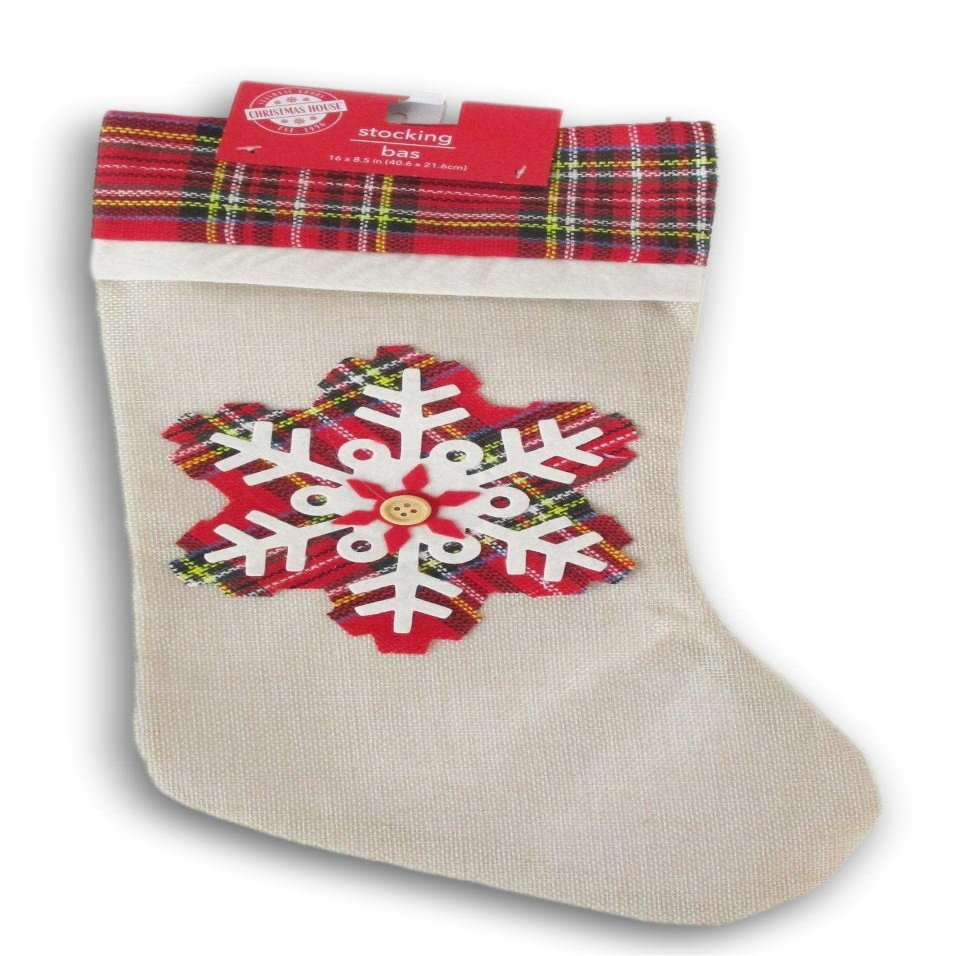 Plaid Snowflake Holiday Felt Christmas Stocking - 16 Inch x 8.5 Inch