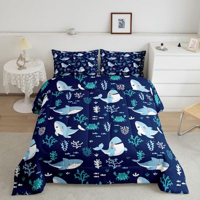 Homewish Cute Shark Comforter Set Full Size,Seaweed Crab Bedding Set 3pcs for Kids Teens Adult Room Decor, Ocean Sea Animals Quilt Set Navy Blue Duvet Insert with 2 Pillowcases