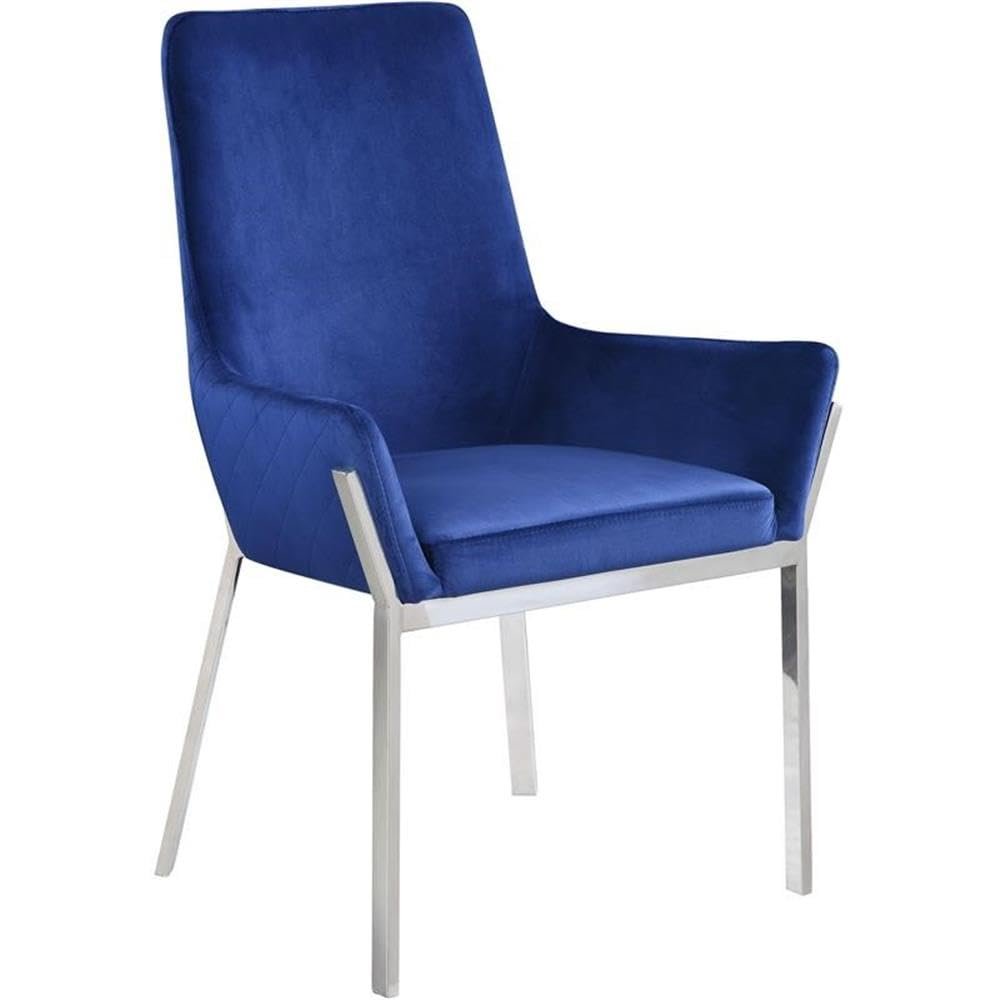 BOWERY HILL Modern Side Chair in Blue Velvet & Mirrored Silver Finish (Set of 2)
