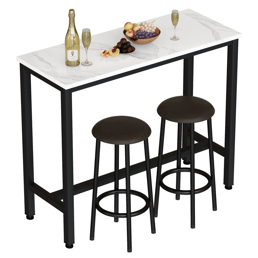 AWQM 47.2" Bar Table Set of 2,Faux Marble Pub Height Table and Chairs Set of 2 with Upholstered Stools,3 Piece Bar Table and Chairs Set Dining Table Set for Living Room,Kitchen,Bar,White & Brown