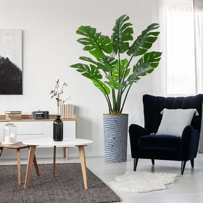 Artificial Tree in Contemporary Geometric Pattern Planter, Fake Monstera Silk Tree for Indoor and Outdoor Home Decoration - 65" Overall Tall (Plant Pot Plus Tree)