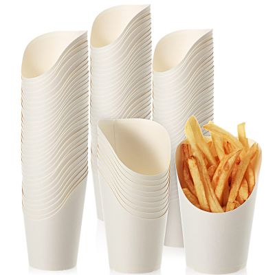 100 Pcs Disposable French Fries Holder 14 oz Take out Party Baking Supplies Waffle Paper Popcorn Sandwich Ice Cream Holder Cup Kraft Paper Container for Wedding Party Food Cones (white, 100 Pieces)