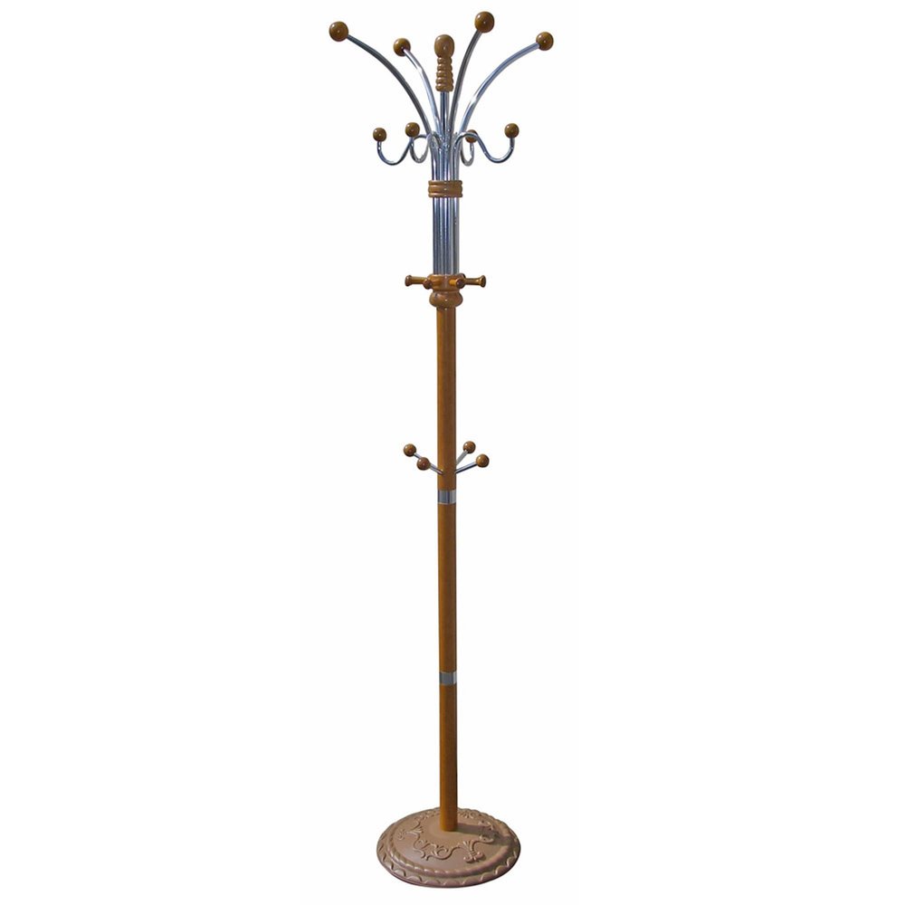 Ore International Six Foot Wood and Chrome Coat Rack, Oak