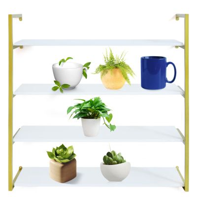 DYRABREST Wall Mounted Floating Shelves 4 Tier Wood Wall Shelves Bookshelf for Living Room, Office, Bedroom Gold