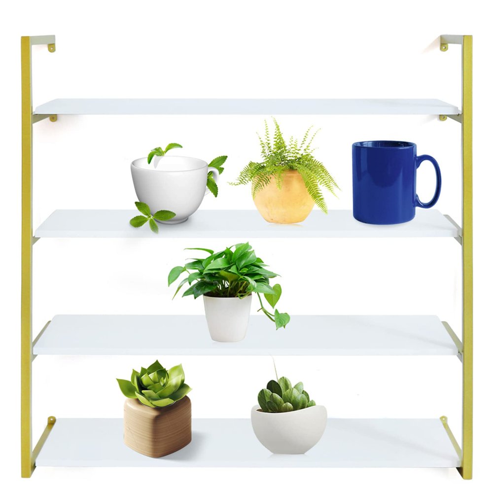 DYRABREST Wall Mounted Floating Shelves 4 Tier Wood Wall Shelves Bookshelf for Living Room, Office, Bedroom Gold