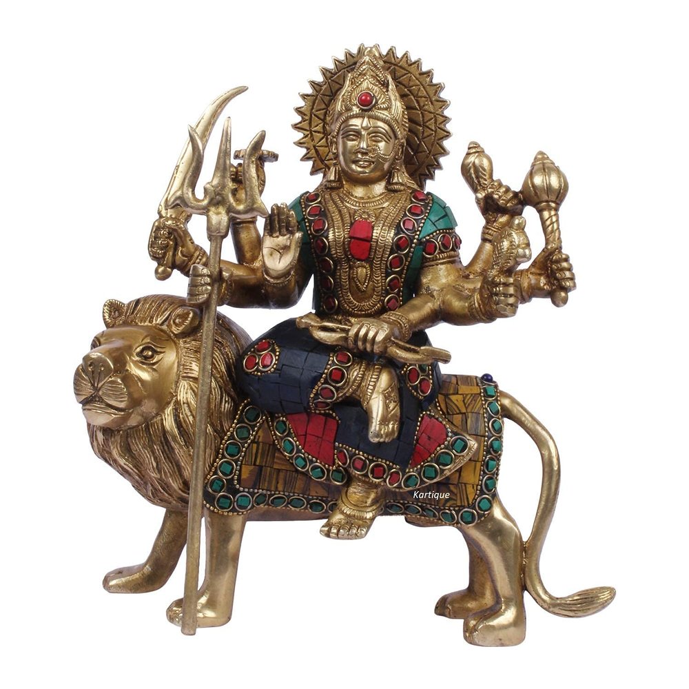PSQURMART Brass Golden Durga MATA Sitting on Tiger Astadhatu Idol, Standard Hight-9 inches Multicolor Stone Work