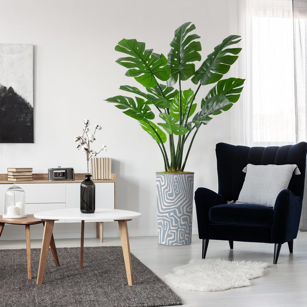 Artificial Tree in Contemporary Geometric Pattern Planter, Fake Monstera Silk Tree for Indoor and Outdoor Home Decoration - 65" Overall Tall (Plant Pot Plus Tree)