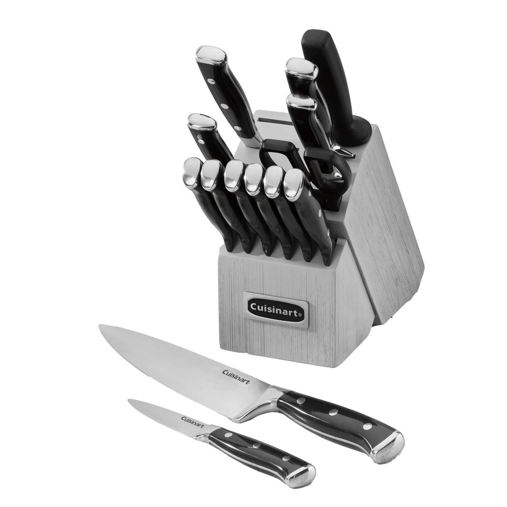 Cuisinart 15-Piece Knife Set with Block, High Carbon Stainless Steel, Forged Triple Rivet, Black/Gray C77BTR-15PG