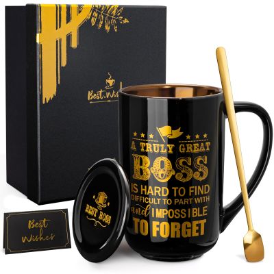 Doublewhale Boss Gifts - Best Boss Day Gifts for Men - Office Appreciation Gift for Manager Leader Mentor Birthday Christmas, Large 18 Oz Metal Glaze Ceramic Mug with Lid Spoon Card Gift Box