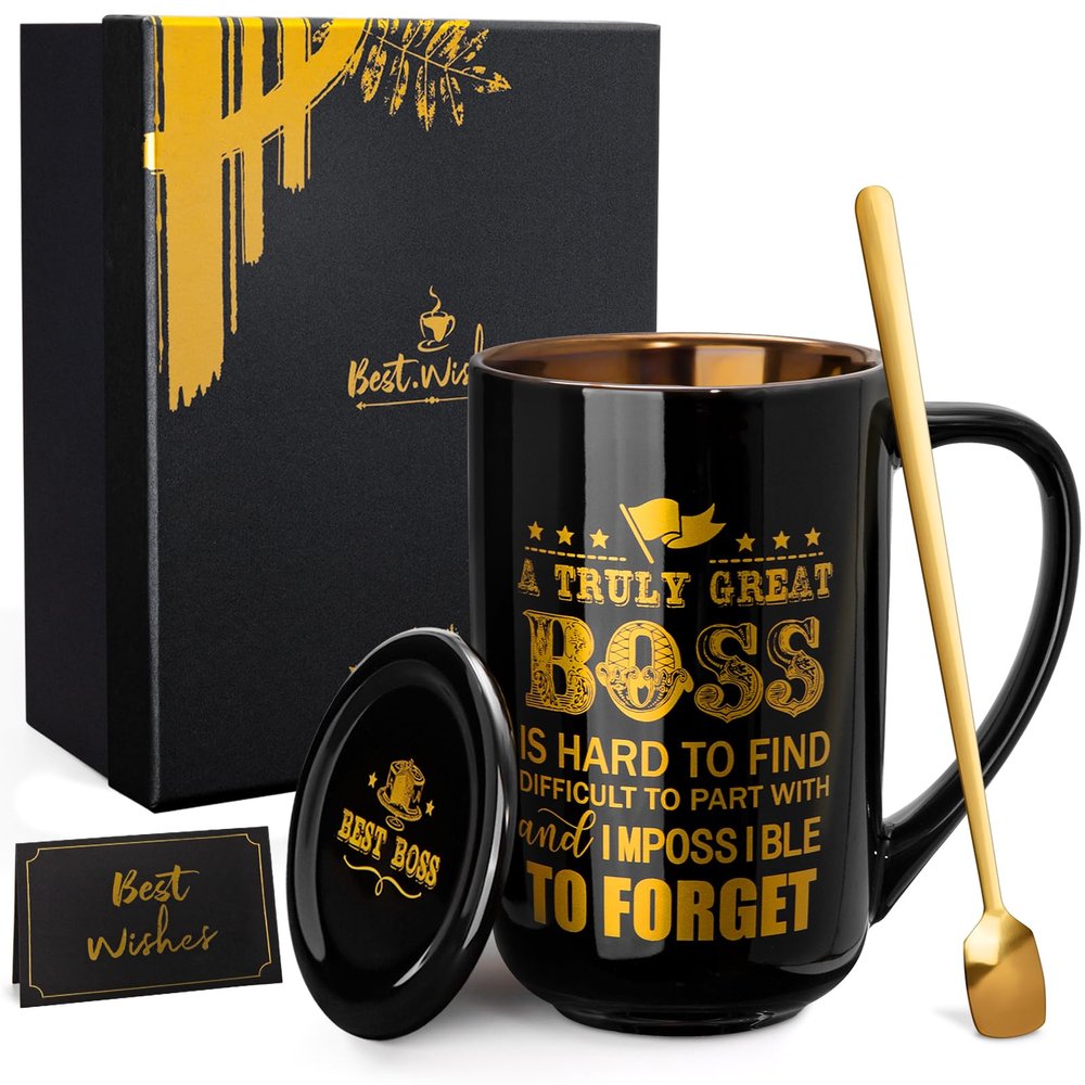 Doublewhale Boss Gifts - Best Boss Day Gifts for Men - Office Appreciation Gift for Manager Leader Mentor Birthday Christmas, Large 18 Oz Metal Glaze Ceramic Mug with Lid Spoon Card Gift Box