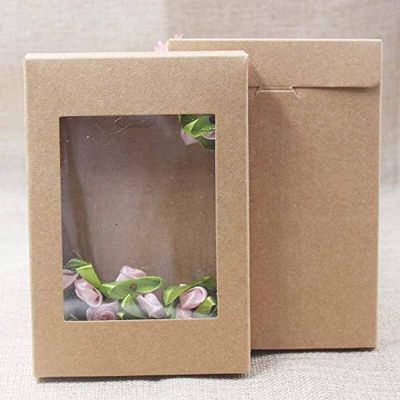 Crysdaralovebi 20/50Pcs Multi Color Paper Gift Package&Display Box with Clear PVC Window Wedding Candy Boxes Kraft Paper Gift Packaging Boxes (Brown,50pcs)