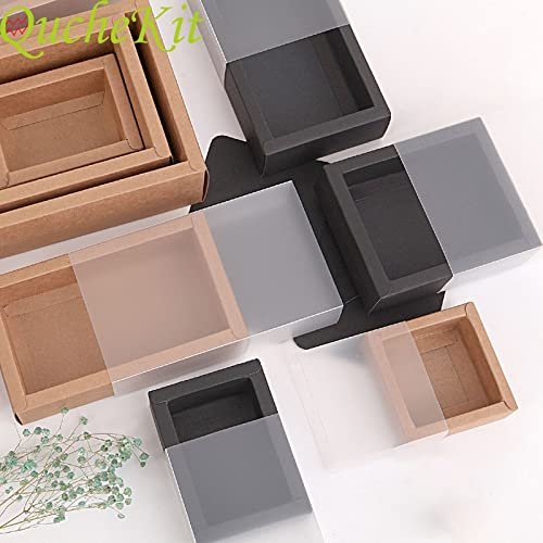 Crysdaralovebi 10pcs Kraft Paper Packing Box With Transparent PVC Window Black Delicate Drawer Display Gift Box Wedding Cookie Candy Cake Boxes (Brown,Inner 9x6x4cm)