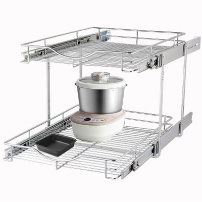 DINDON 2 Tier Pull Out Cabinet Organizer (17" W X 21" D), Double Tier Wire Basket Slide Out Shelf Storage for Kitchen Base Cabinet, Chrome Finish