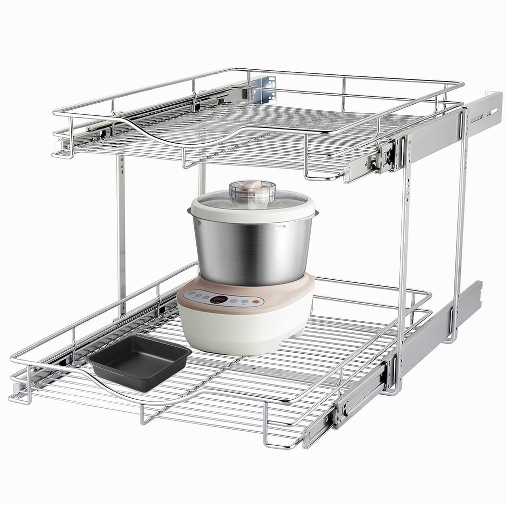 DINDON 2 Tier Pull Out Cabinet Organizer (20" W X 21" D), Double Tier Wire Basket Slide Out Shelf Storage for Kitchen Base Cabinet Organization for Kitchen, Pantry, Bathroom, Chrome