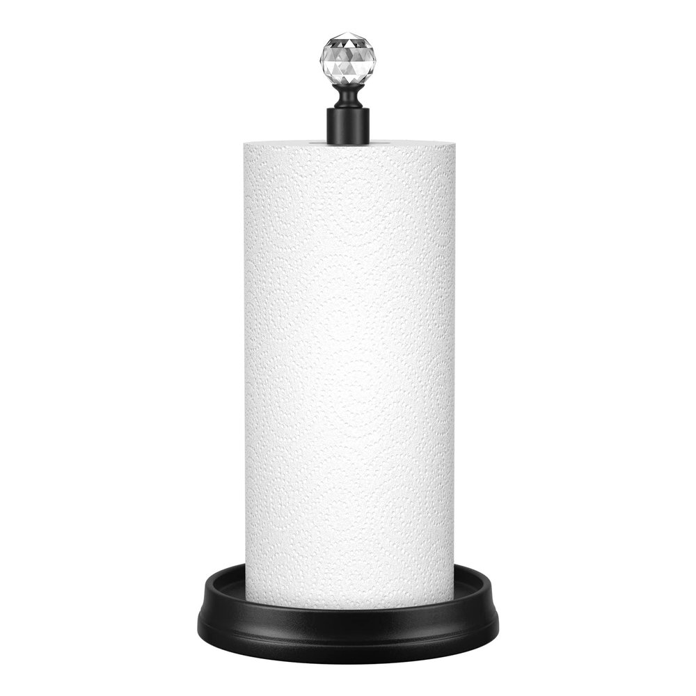 KASUNTO Crystal Head Paper Towel Holder - Steel Countertop Stand for Kitchen, Bars & Dining Tables - Fits Standard & Jumbo Rolls - Matte Black
