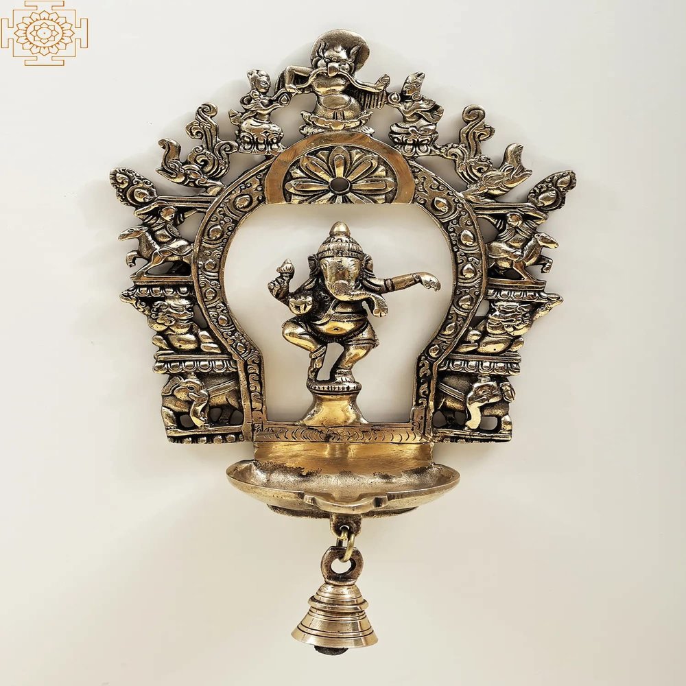 Exotic India 12" Brass Dancing Ganesha Frame Diya with Bell | Handmade - Brass