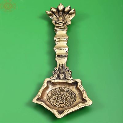 Exotic India 8" Brass Panchmukhi Nag Head Pooja Aarti Diya | Handmade - Brass