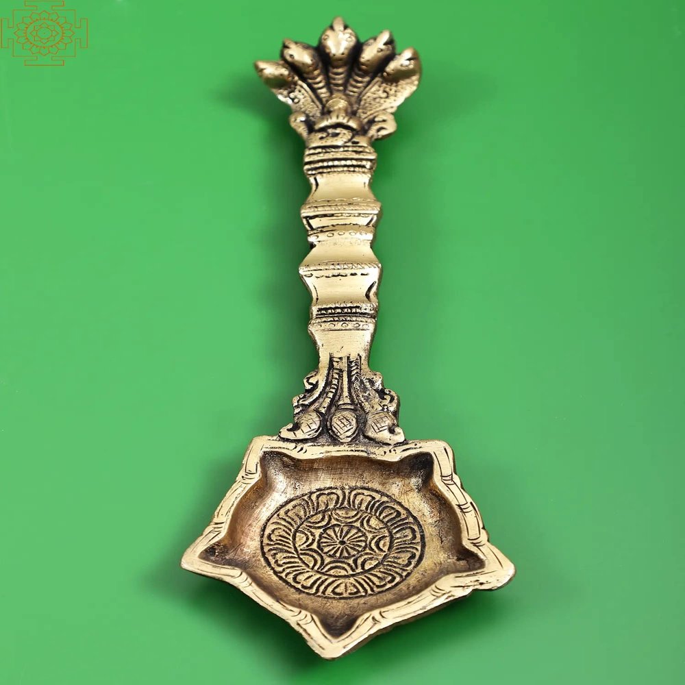 Exotic India 8" Brass Panchmukhi Nag Head Pooja Aarti Diya | Handmade - Brass