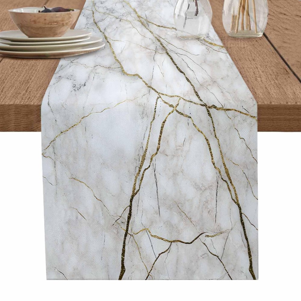 Marble Table Runner-Cotton Linen-Long 120 inche White Gray Gold Dresser Scarves,Texture Tablerunner for Kitchen Coffee/Dining/Sofa/End Table Bedroom Home Living Room,Scarfs Decor for Holiday Dinner