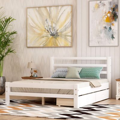 Anwick Wood Platform Bed with Two Drawers,Full Size Bed Frame with Headboard,Solid Wood,Easy Assembly,No Spring Box Required (White)