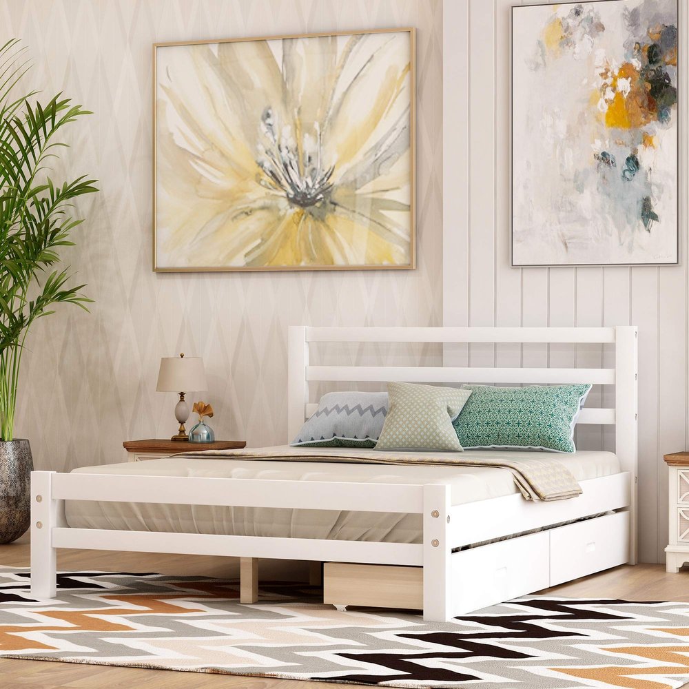 Anwick Wood Platform Bed with Two Drawers,Full Size Bed Frame with Headboard,Solid Wood,Easy Assembly,No Spring Box Required (White)