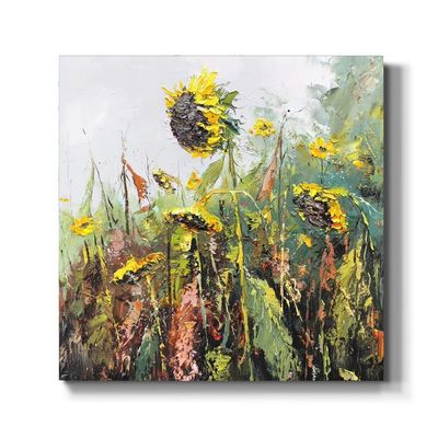 KSALPCH Large Yellow Sunflower Oil Painting, Heavy Texture Flower Painting, Sky Oil Painting, Abstract Mountain Cliff Painting, Home Decoration (76X76cm) 30X30Inches Unstretched