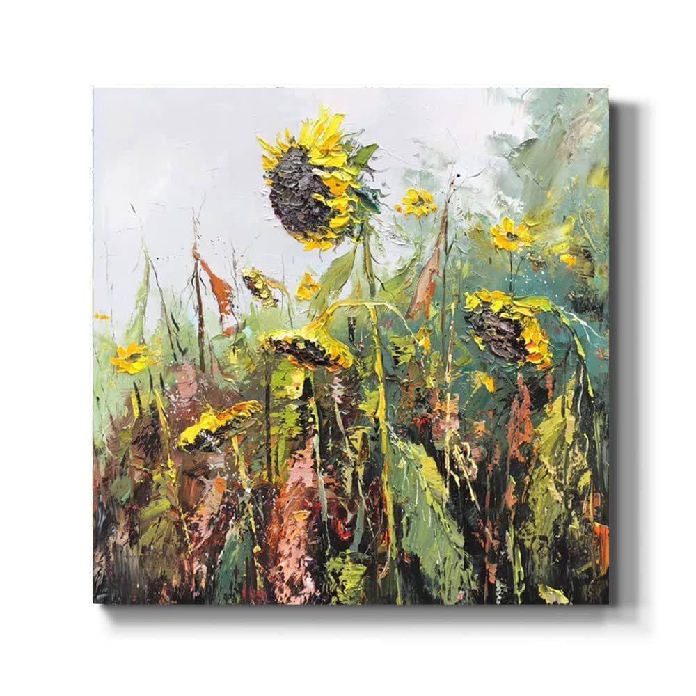 KSALPCH Large Yellow Sunflower Oil Painting, Heavy Texture Flower Painting, Sky Oil Painting, Abstract Mountain Cliff Painting, Home Decoration (76X76cm) 30X30Inches Unstretched