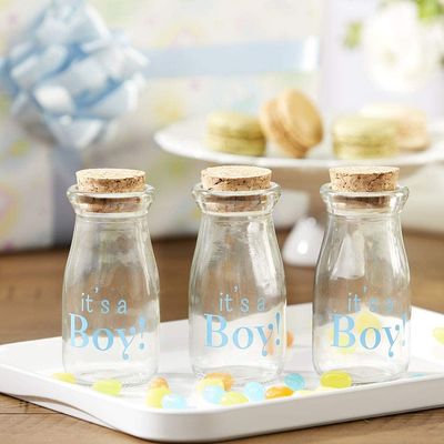24PCS Vintage Milk Bottle Shaped Corked Glass Bottles, DIY Baby Shower Party Favor, Centerpiece Bud Vase, 4 x 2 - It's a Boy!