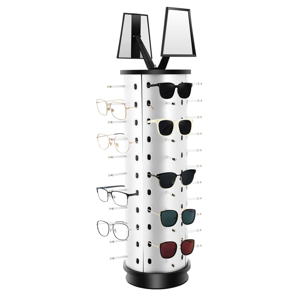 WANLECY 44 PCS Sunglasses Display Stand with Adjustable Mirror, 360 Eyeglass Holder Stand Counter Top Display Rack for Retail (Round)