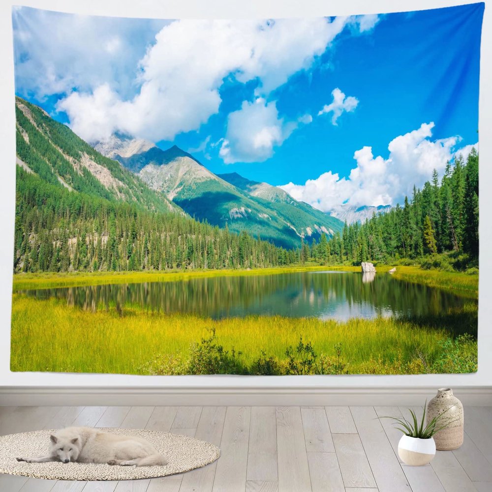 CORFOTO Mountain Nature Tapestry Wall Hanging Blue Sky Green Trees Forest Lake Nature Tapestries for Bedroom Aesthetic Living Room Dorm Decor Home Decorations Wallpaper 80Wx60H inches Fabric