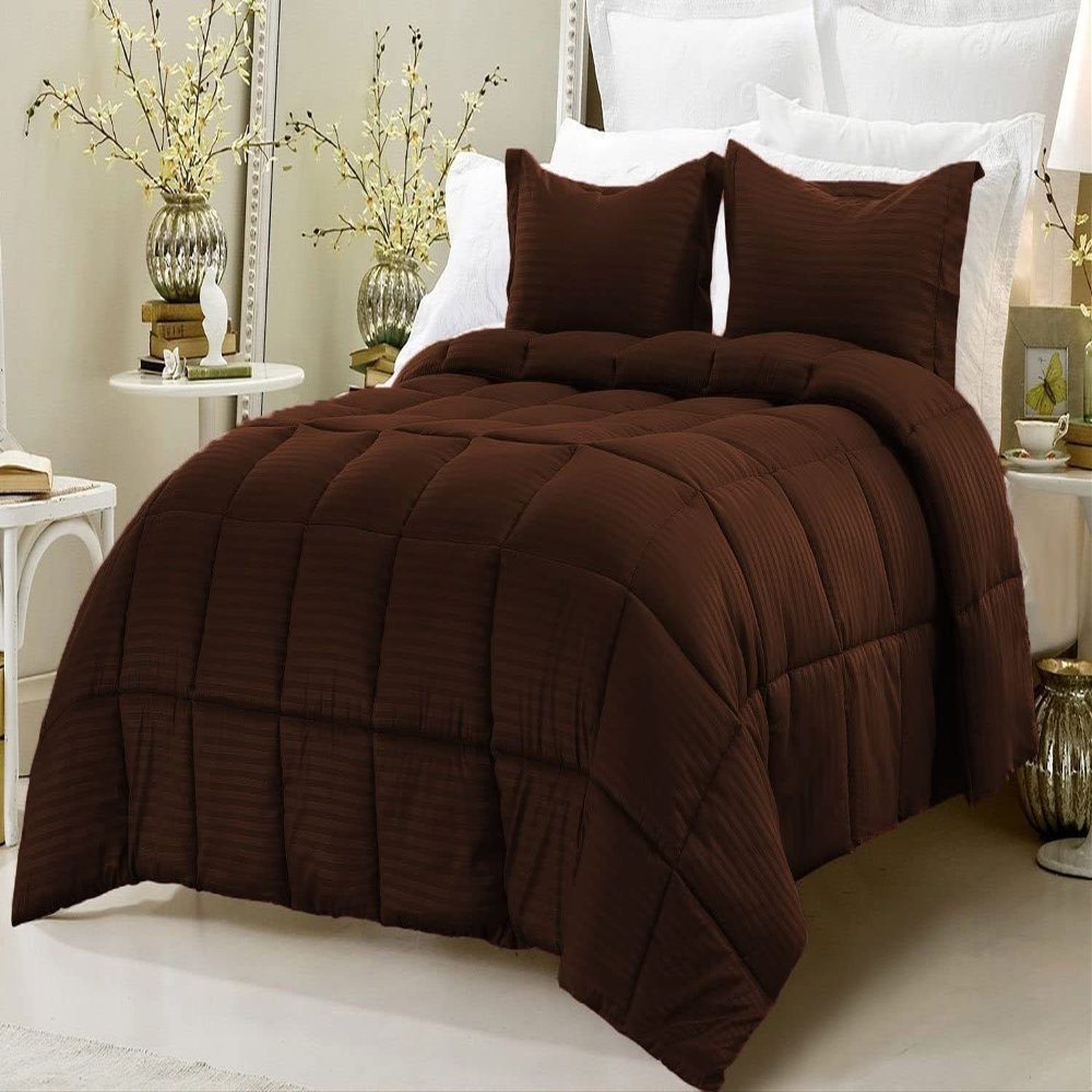 3 PCS Stripe Comforter Set-Goose Down Feather Fill 500 GSM-100% Organic Cotton-Box Stitched Classic Duvet Insert With 2 Pillow Shams Winter Warm Chocolate Stripe-Oversized Queen Size Soft Blanket