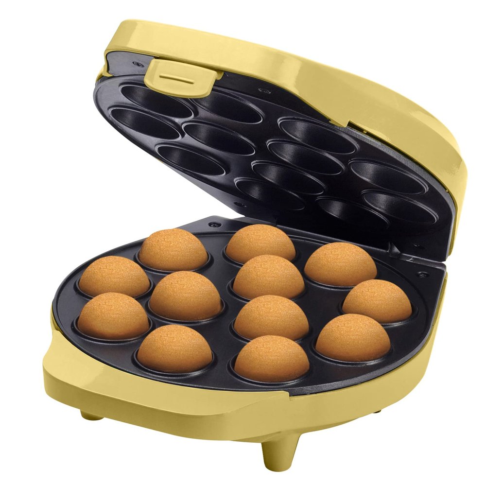 Bestron Cake Pop Maker, Waffle Maker for 12 Cake Pops, Including Cake Pop Butler, 12 Sticks & Fork, with Non-Stick Coating & Indicator Light, 700W, Colour: Yellow