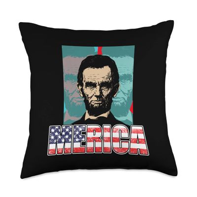 4th Of Juli President Abraham Lincoln Merica Flag Pop Art Throw Pillow
