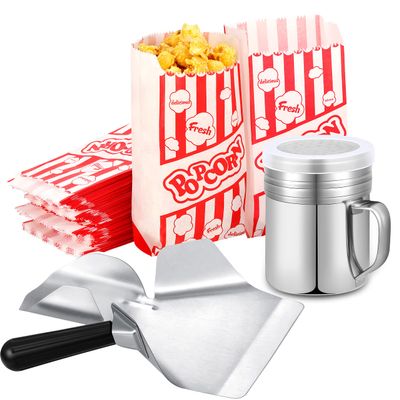 202 Pcs Popcorn Machine Supplies Set, Kernel Sifting Speed Scoop, Stainless Steel Seasoning Dredge with Handle, 200 Pcs Popcorn Bags Bundle for Home Kitchen Theater Movie Tools Supplies (1 Oz)