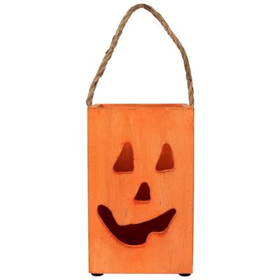 8" Large Orange Wood Jack O Lantern Halloween Candle Lantern